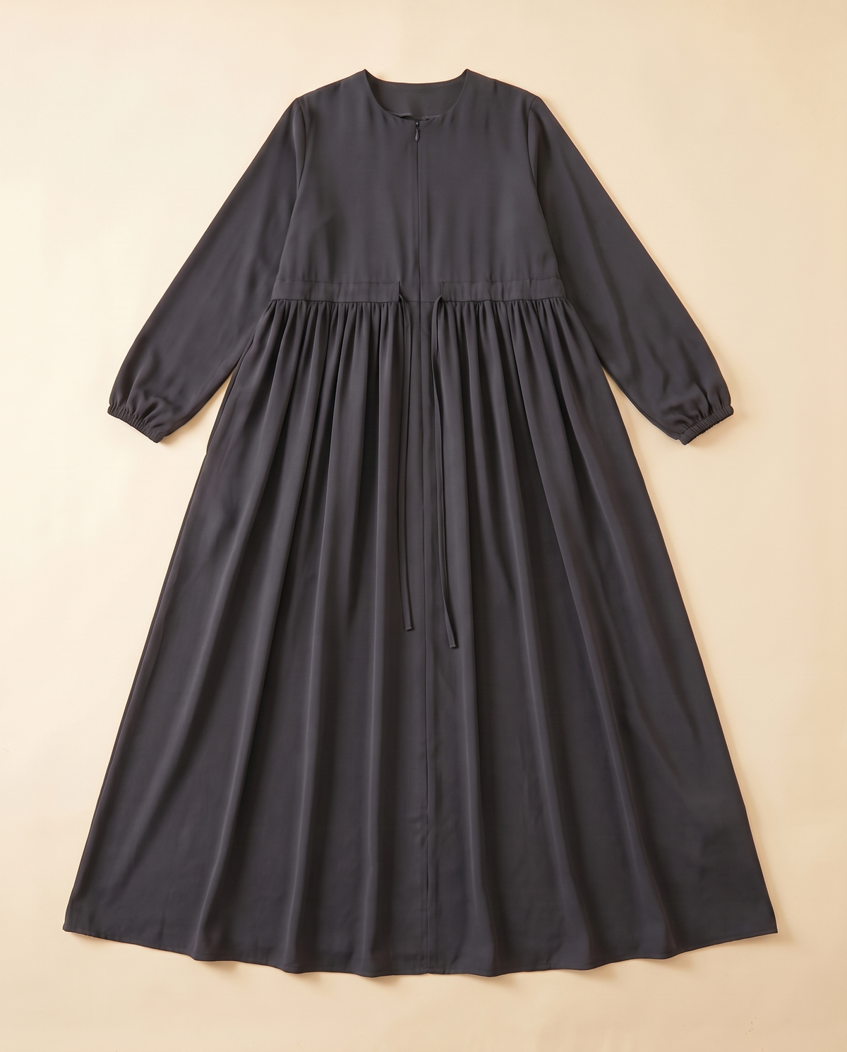 Zip-front swing abaya in Charcoal, flat lay