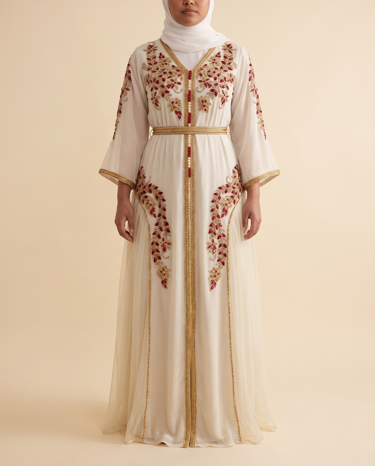 Yasmin embroidered chiffon kaftan in Ivory, front