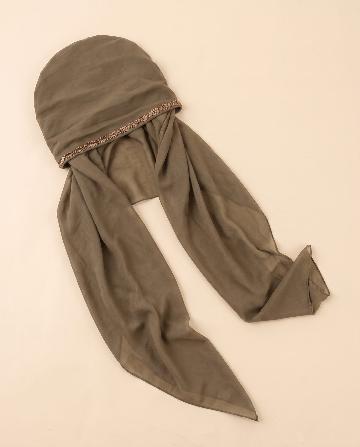 Voile slip-on instant hijab in Khaki (Chain Trim), flat