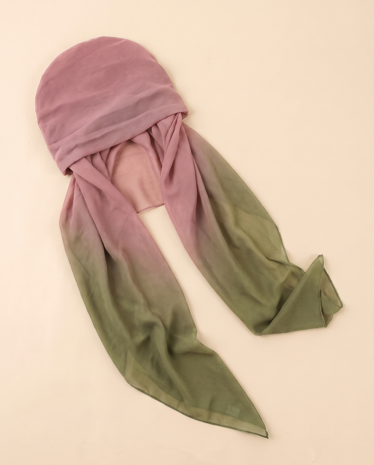 Voile slip-on instant hijab in Pink & Olive Ombré, flat
