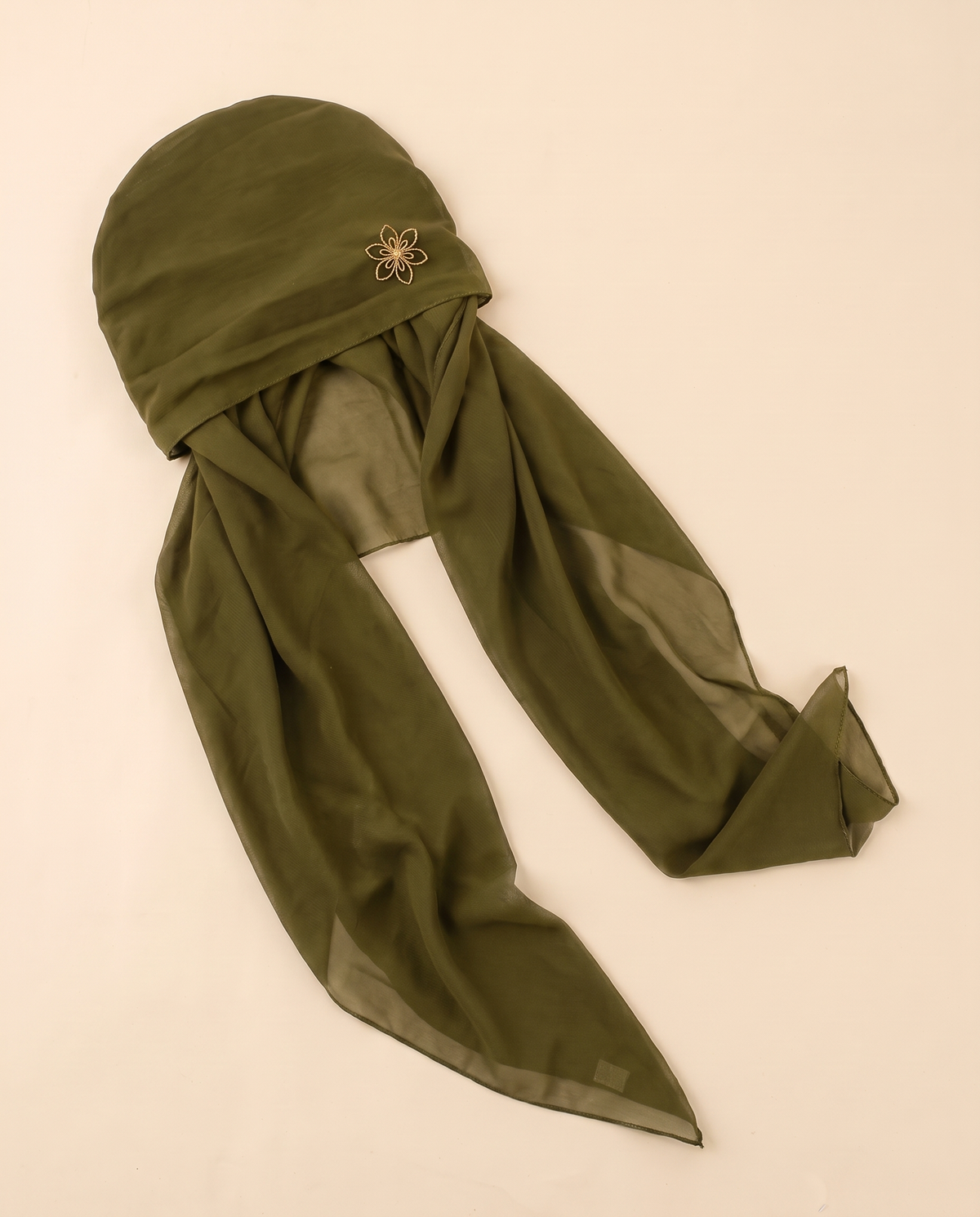 Voile slip-on instant hijab in Olive (Pin), flat