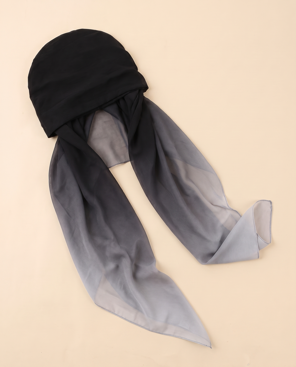 Voile slip-on instant hijab in Black Ombré, flat