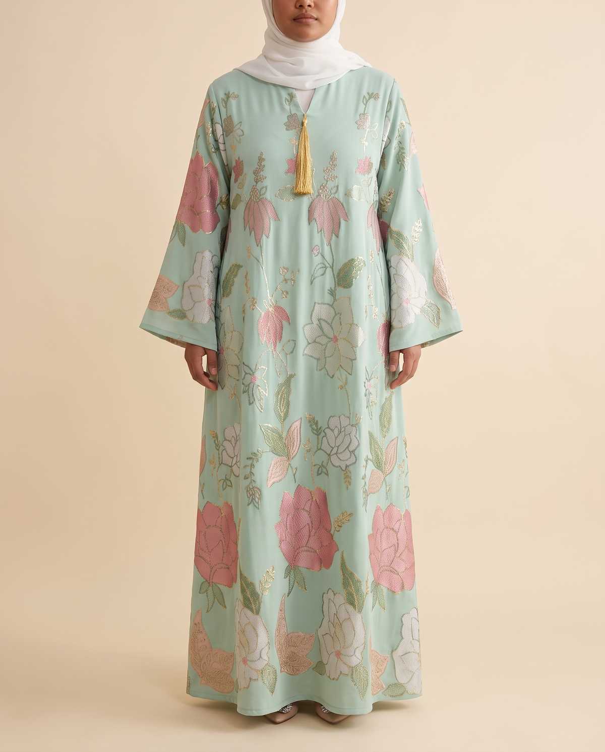 Zahra floral jacquard kaftan in Mint Floral, front