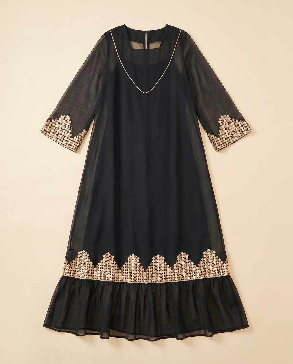 Embroidered Sequin Mesh Kaftan in Black, flat lay