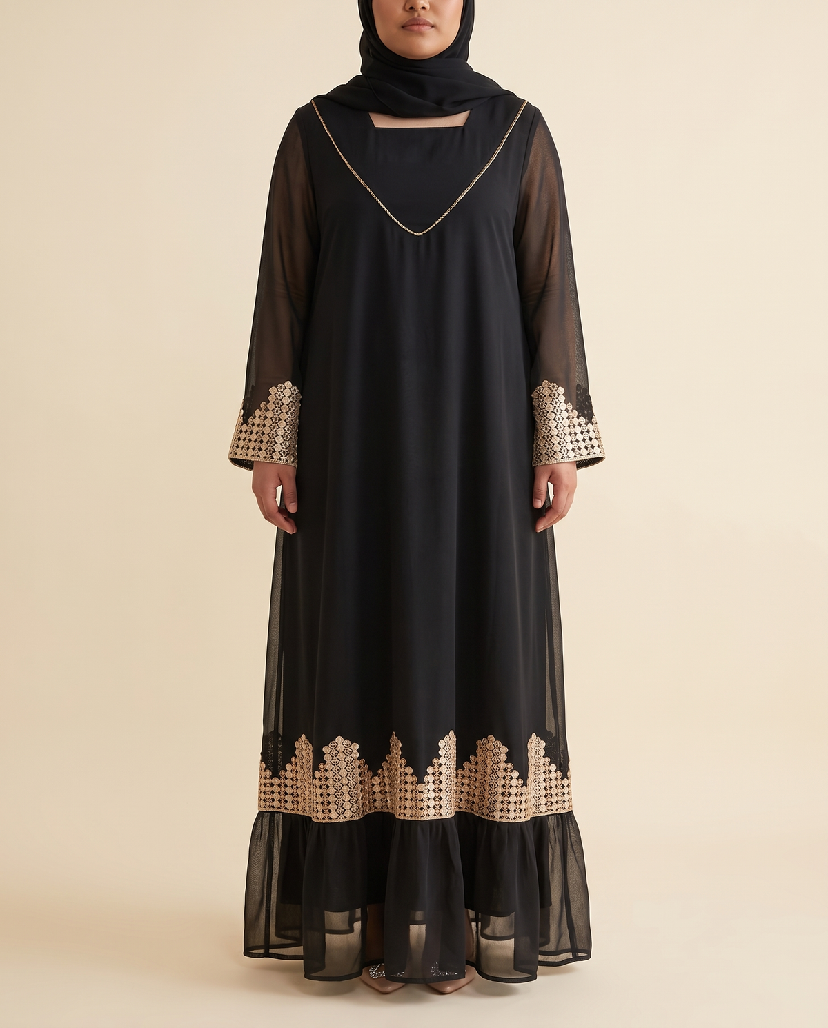 Embroidered Sequin Mesh Kaftan in Black, front