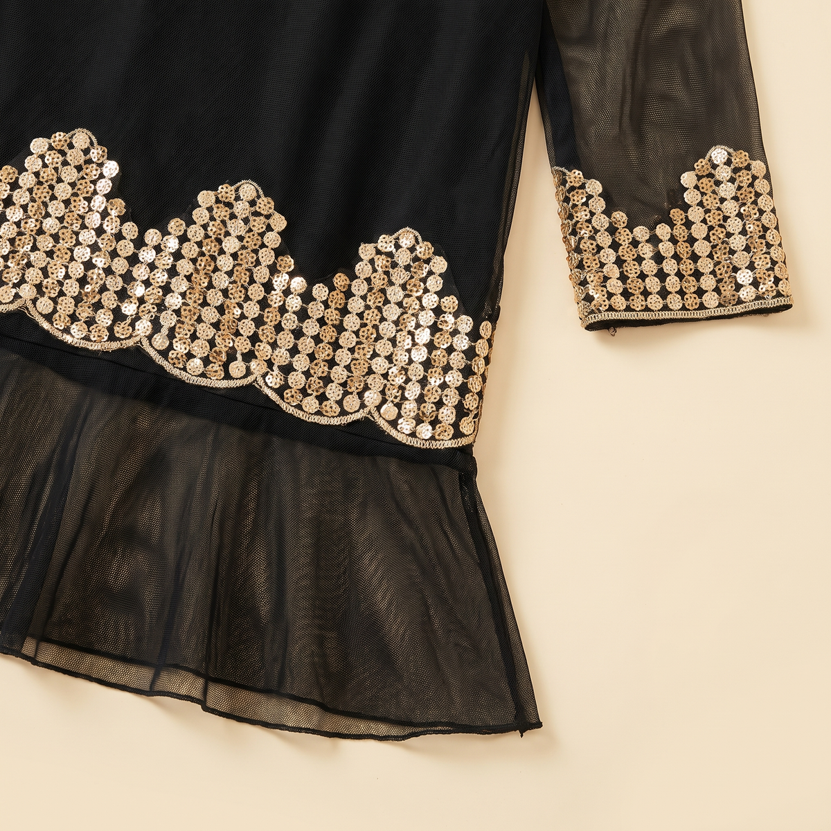 Embroidered Sequin Mesh Kaftan — gold sequin hem and cuff detail