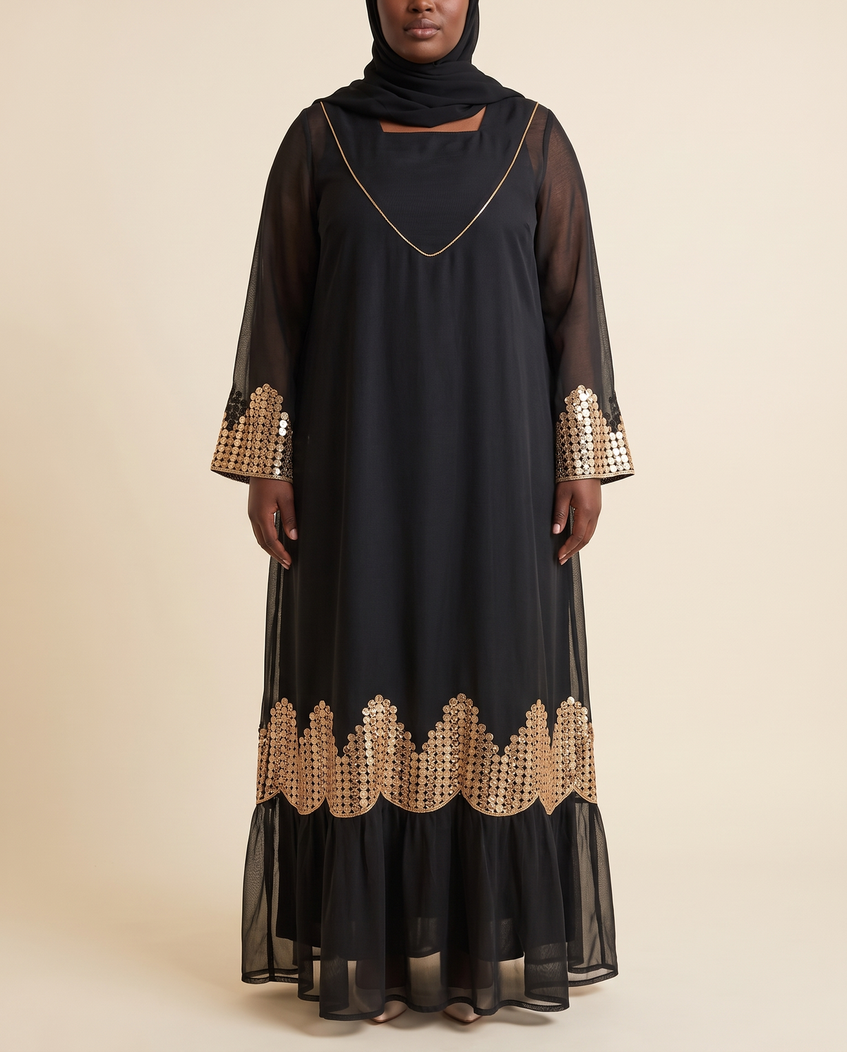 Embroidered Sequin Mesh Kaftan in Black, front