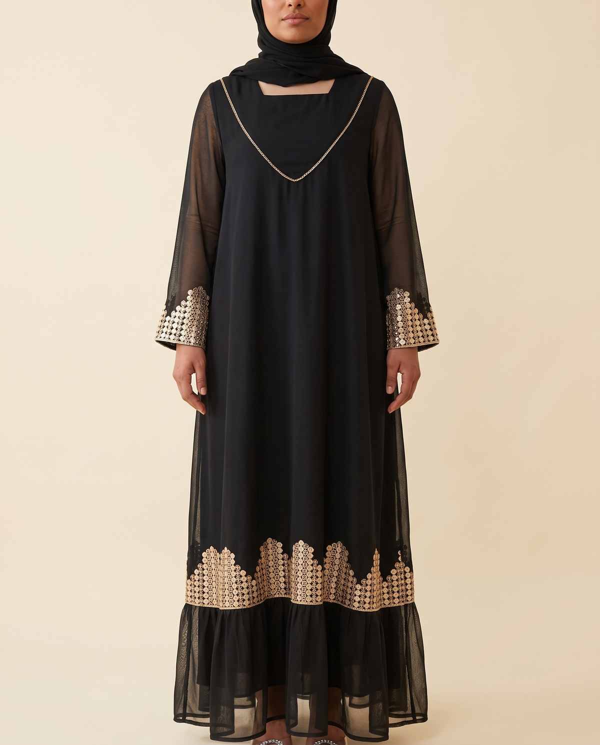 Embroidered Sequin Mesh Kaftan in Black, front