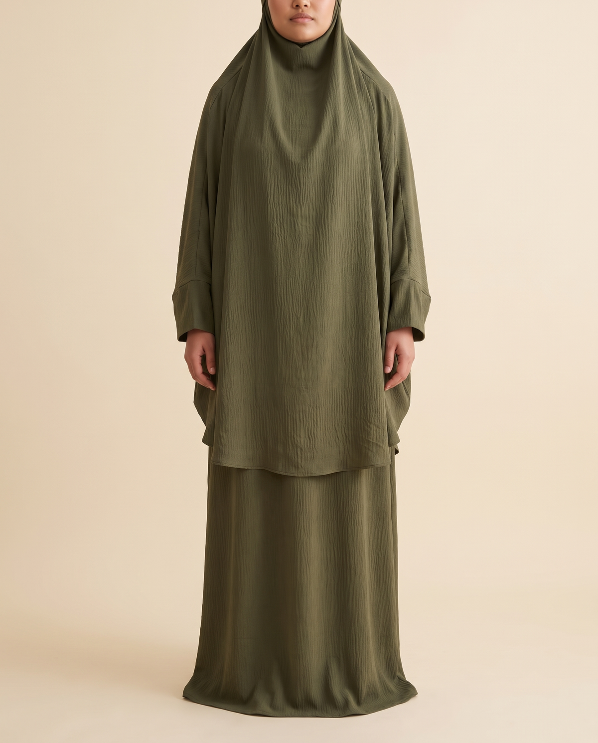 Crinkle overhead khimar prayer set in Olive, front