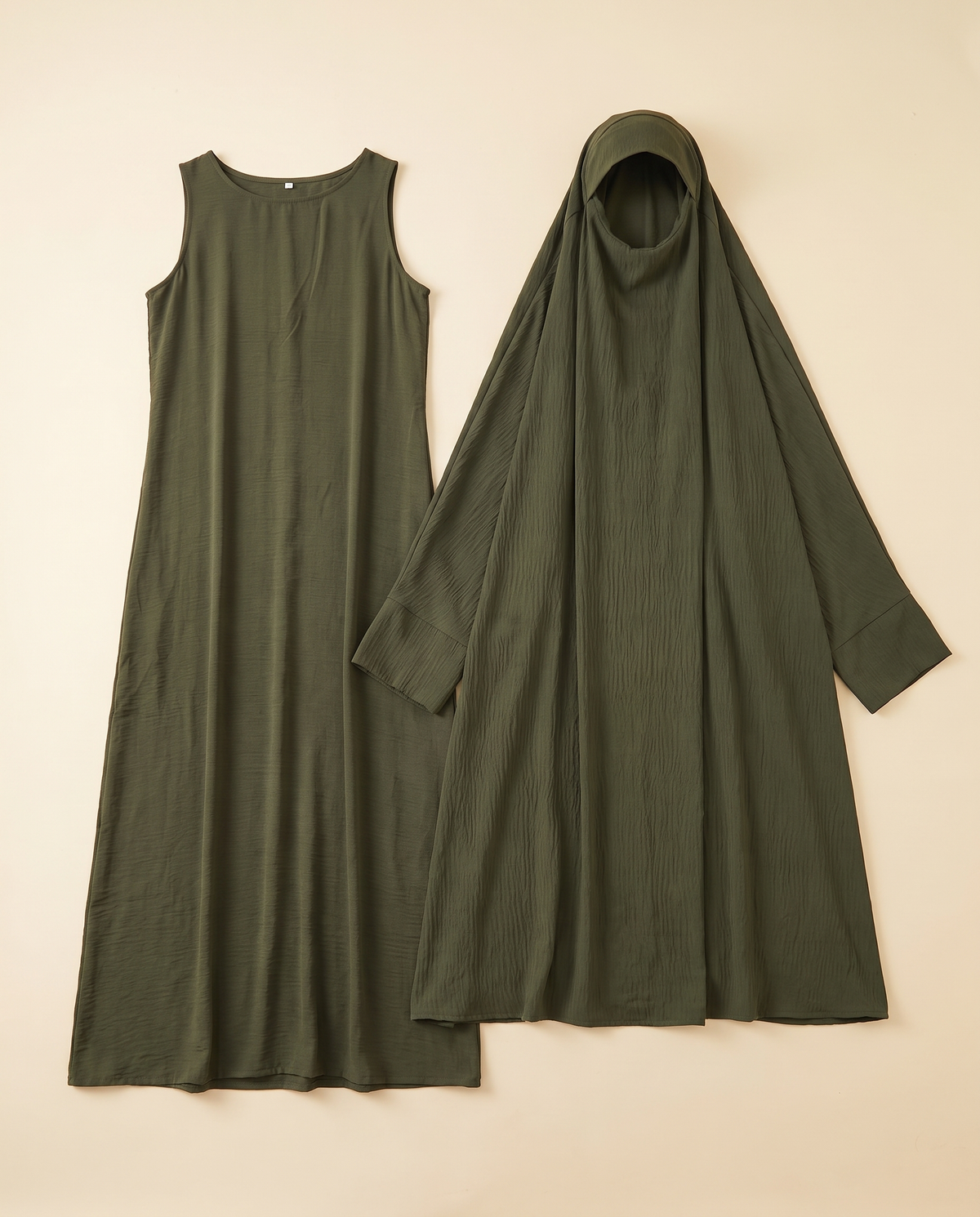 Crinkle overhead khimar prayer set in Olive, flat lay