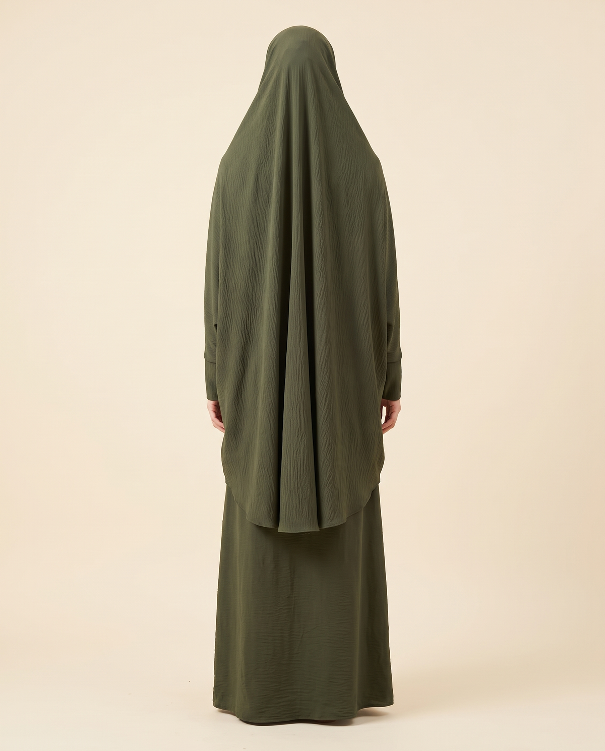 Crinkle overhead khimar prayer set in Olive, back view