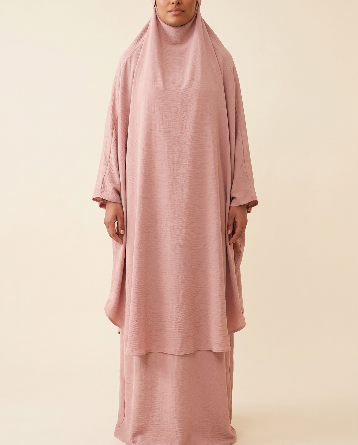 Crinkle overhead khimar prayer set in Dusty Pink, front