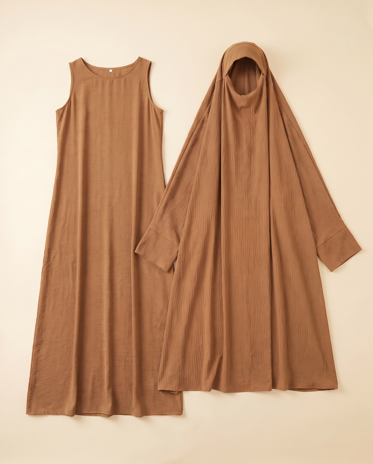 Crinkle overhead khimar prayer set in Caramel, flat lay