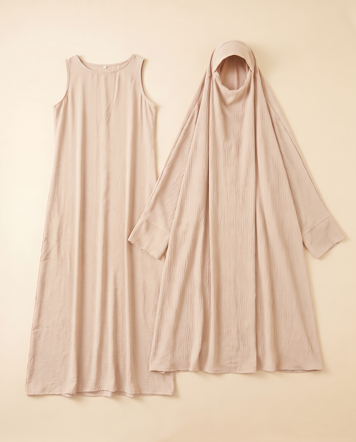 Crinkle overhead khimar prayer set in Cream, flat lay