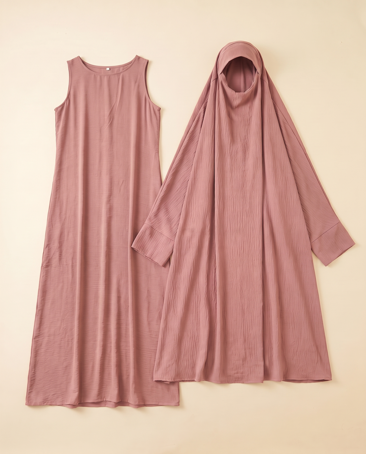Crinkle overhead khimar prayer set in Dusty Pink, flat lay