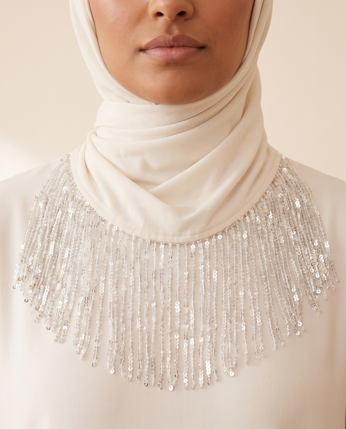 Tuqa sequin-fringe instant hijab in Silver Sequin, worn