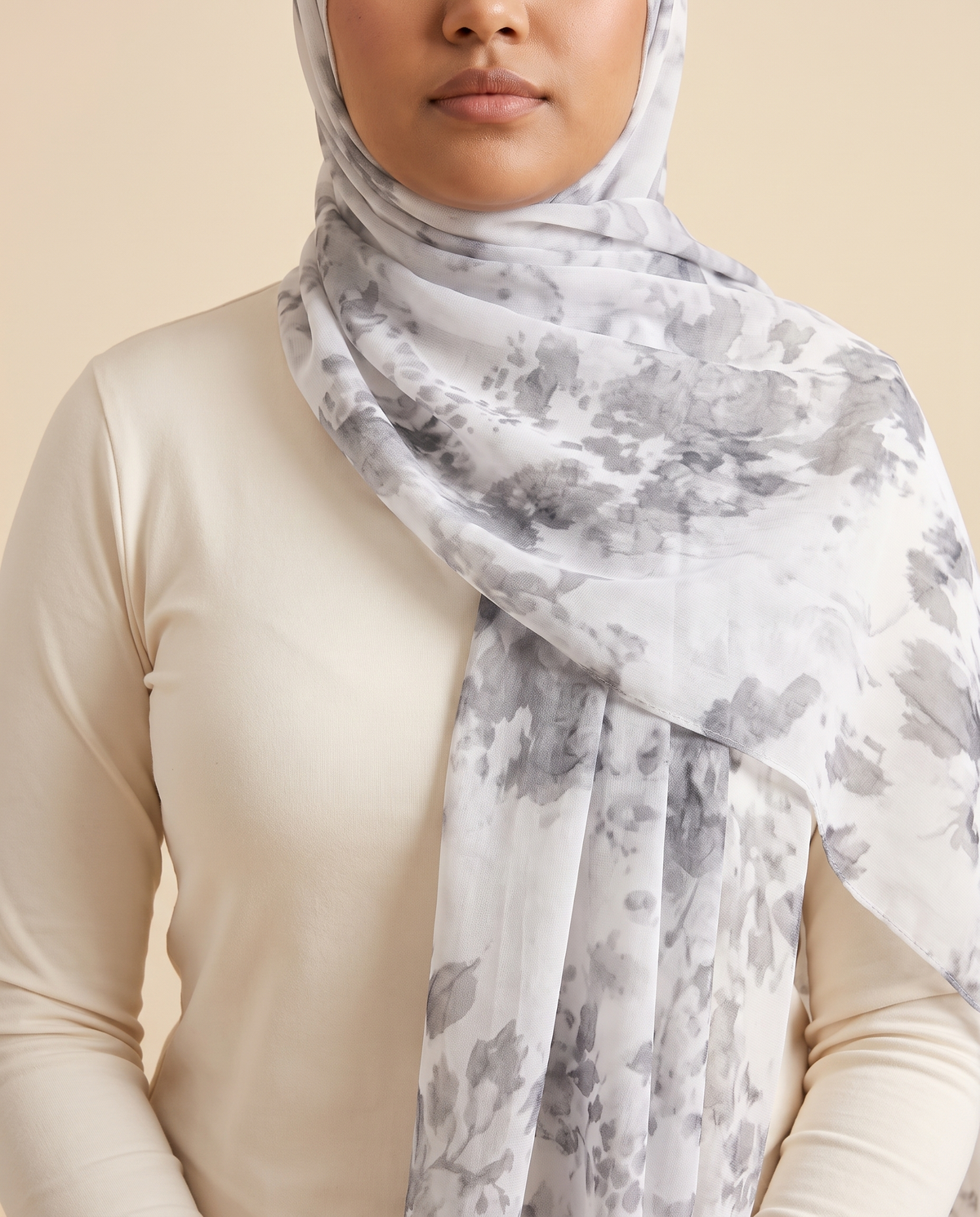 Ditsy Floral Print Hijab Shawl in Grey Watercolour Floral, worn