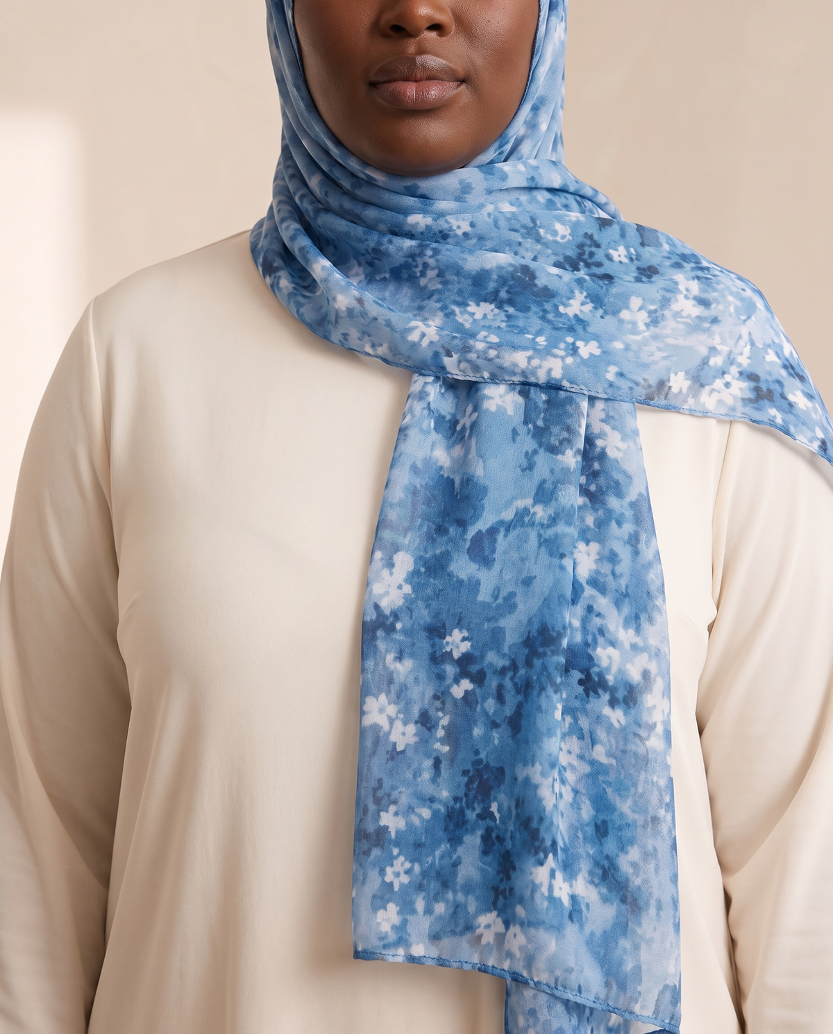 Ditsy Floral Print Hijab Shawl in Blue Ditsy Floral, worn