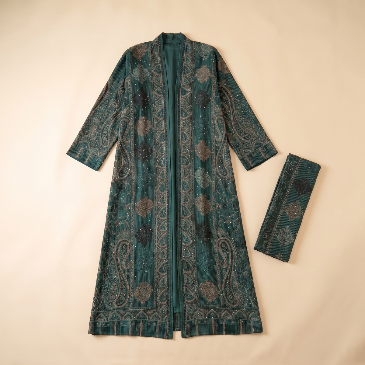 Munira Paisley Jacquard Open Abaya and Stole Set – Green