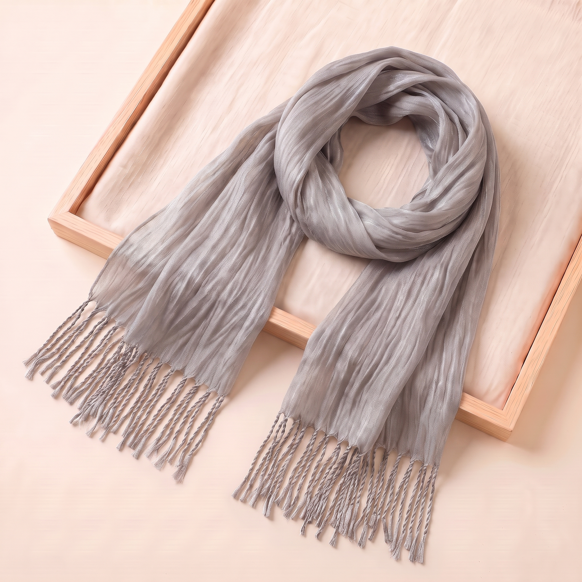 Lujain Crinkle Fringe Hijab Shawl – Silver Beige