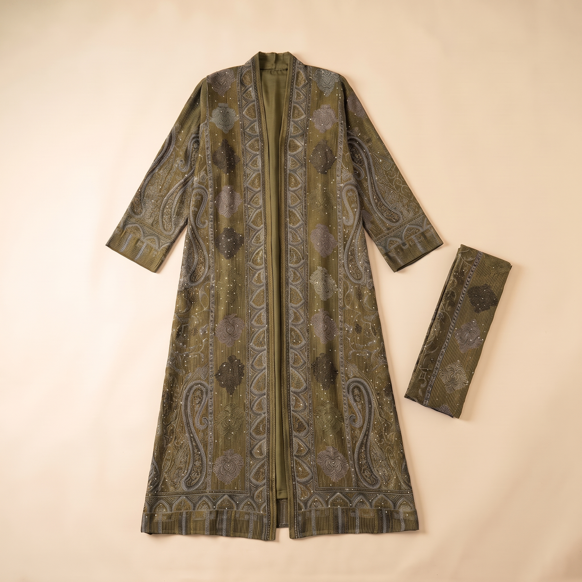Munira Paisley Jacquard Open Abaya and Stole Set – Khaki