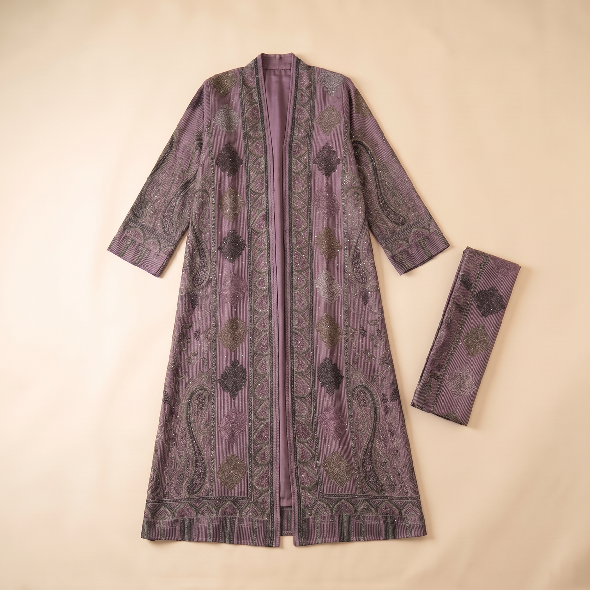 Munira Paisley Jacquard Open Abaya and Stole Set – Purple