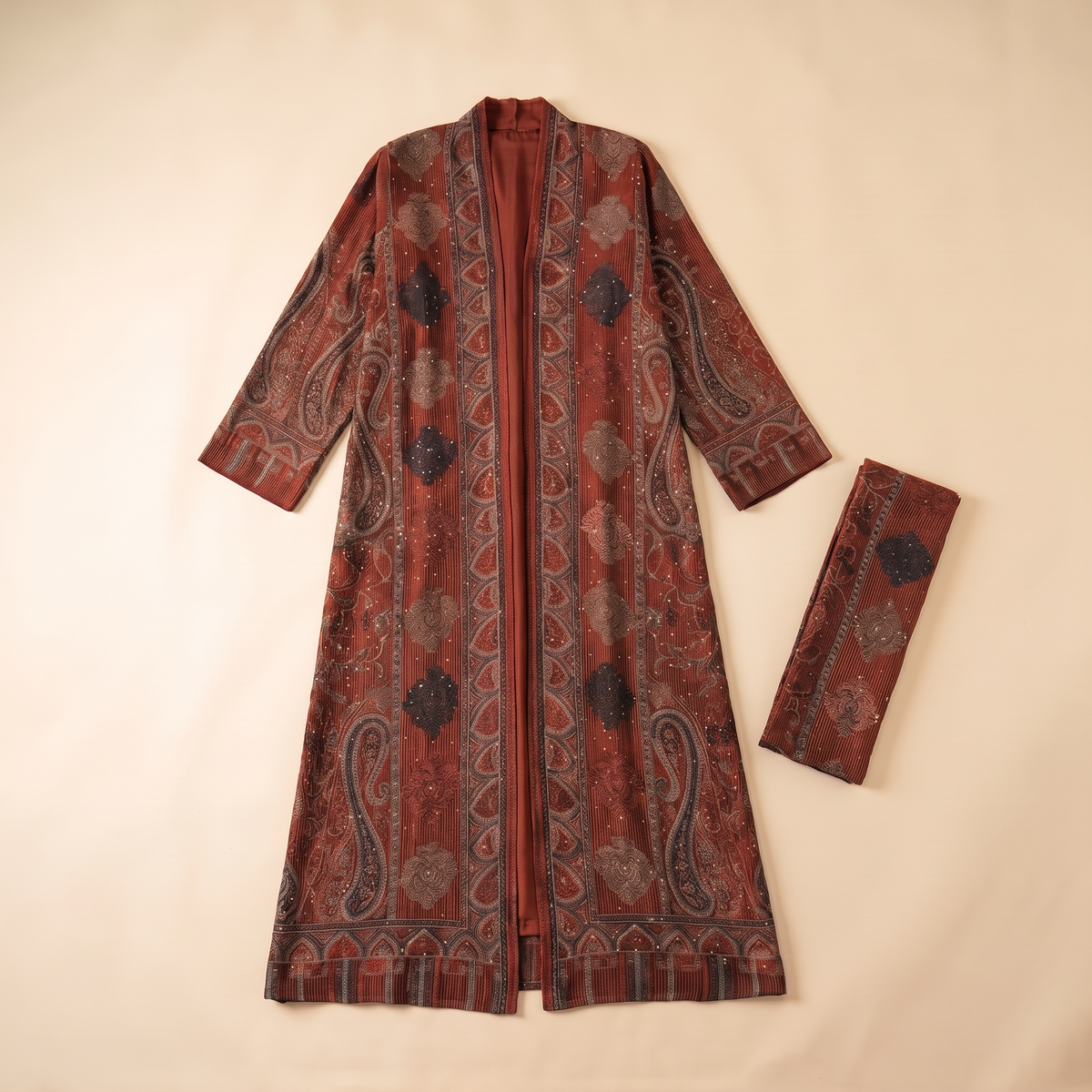 Munira Paisley Jacquard Open Abaya and Stole Set – Red