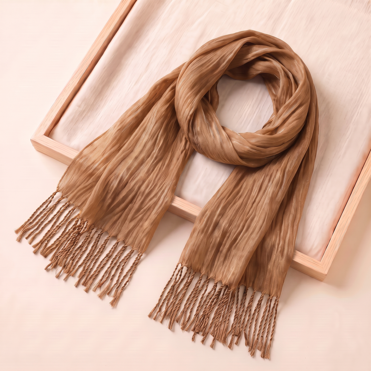 Lujain Crinkle Fringe Hijab Shawl – Camel