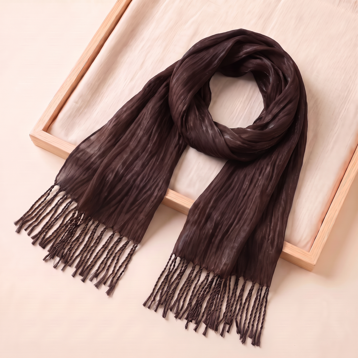 Lujain Crinkle Fringe Hijab Shawl – Dark Brown
