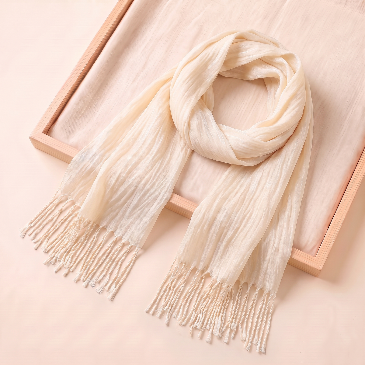 Lujain Crinkle Fringe Hijab Shawl – Ivory