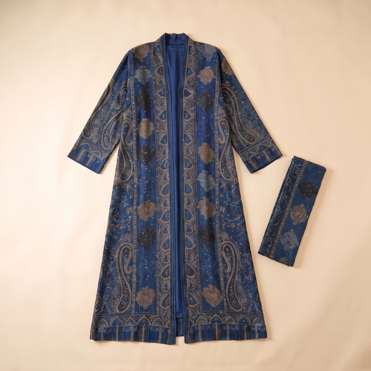 Munira Paisley Jacquard Open Abaya and Stole Set – Blue