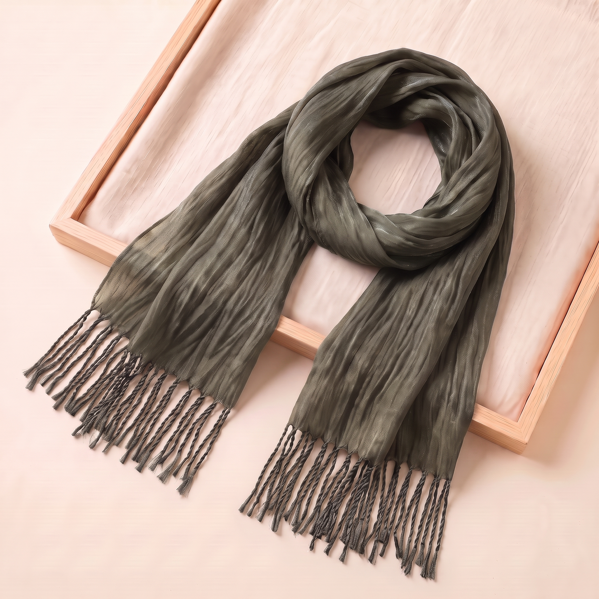 Lujain Crinkle Fringe Hijab Shawl – Khaki
