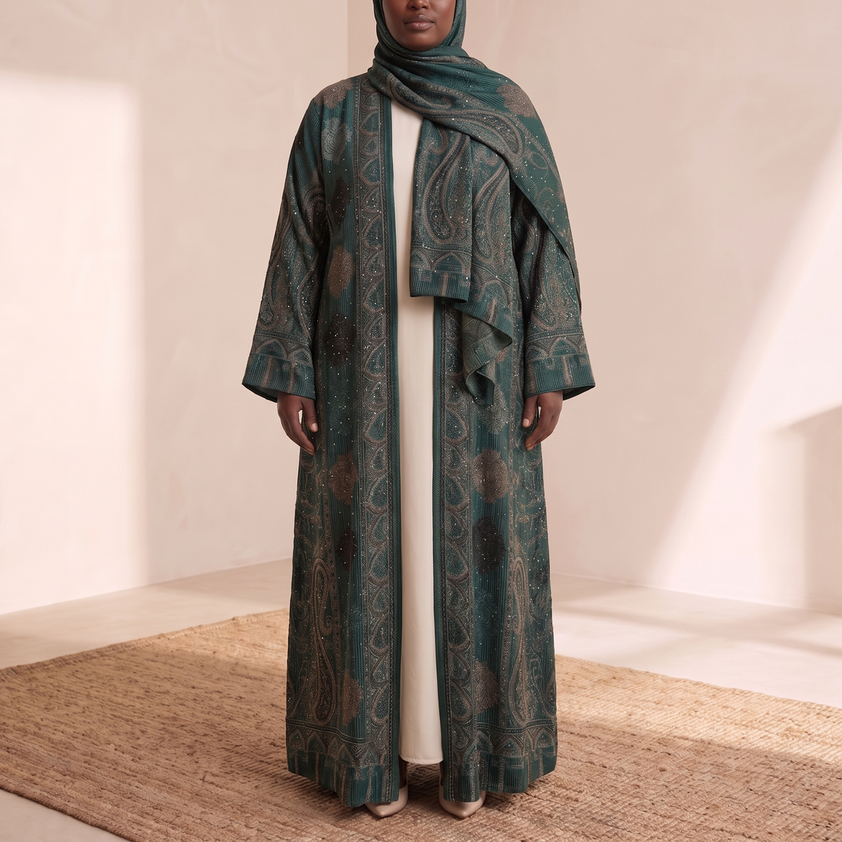 Munira Paisley Jacquard Open Abaya and Stole Set – Green, on model