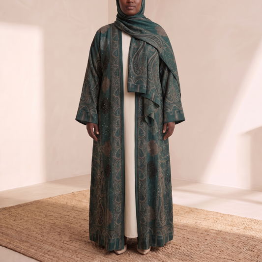 Munira Paisley Jacquard Open Abaya and Stole Set – Green, on model