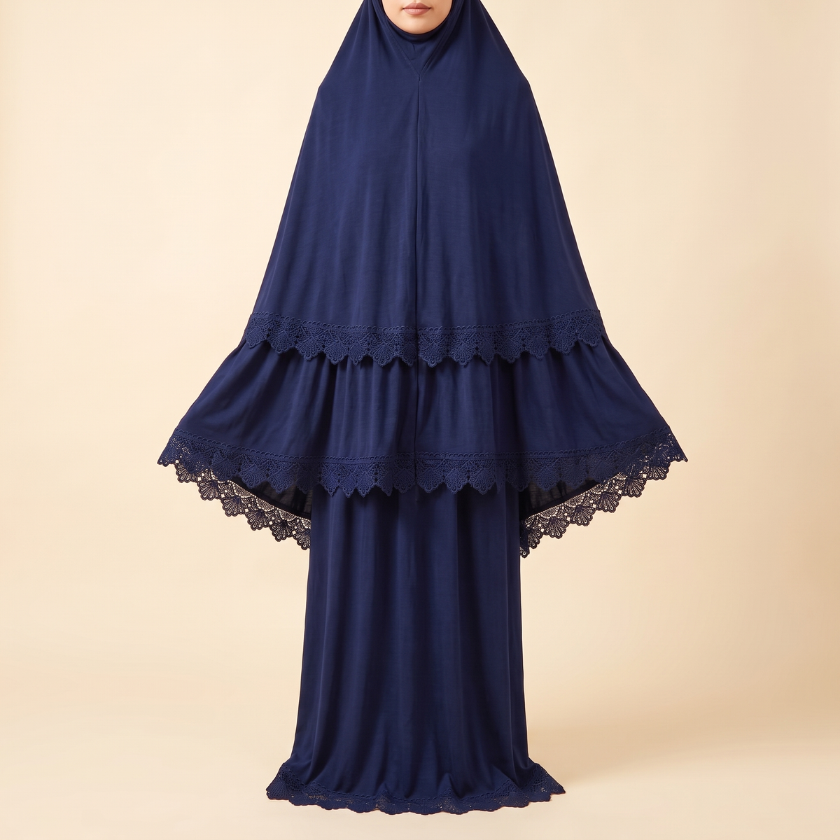 Marwa Lace-Trim Prayer Set With Long Khimar – Navy