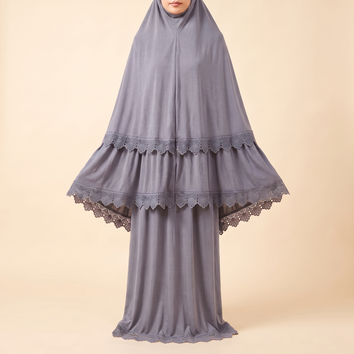 Marwa Lace-Trim Prayer Set With Long Khimar – Grey