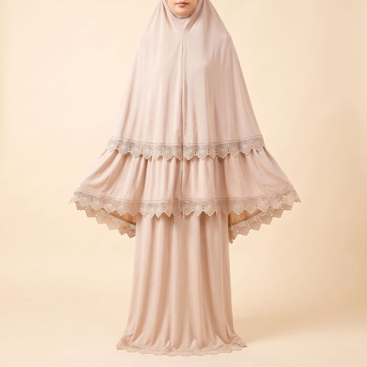 Marwa Lace-Trim Prayer Set With Long Khimar – Light Beige