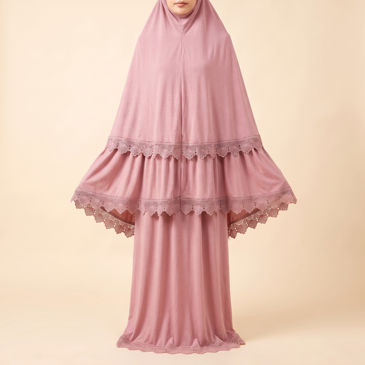 Marwa Lace-Trim Prayer Set With Long Khimar – Dusty Pink