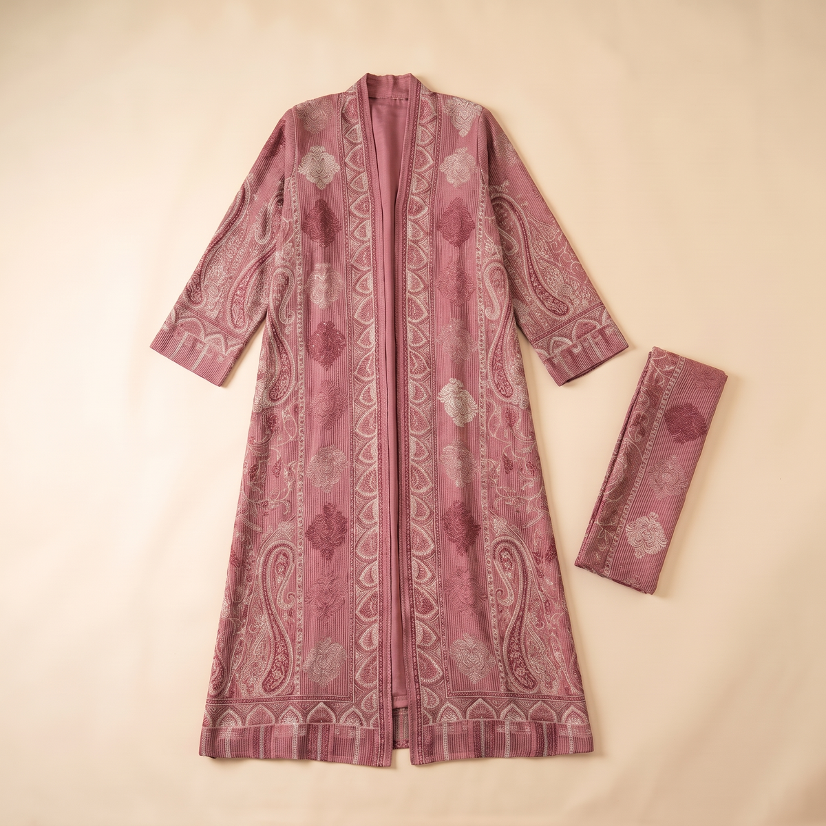 Munira Paisley Jacquard Open Abaya and Stole Set – Pink