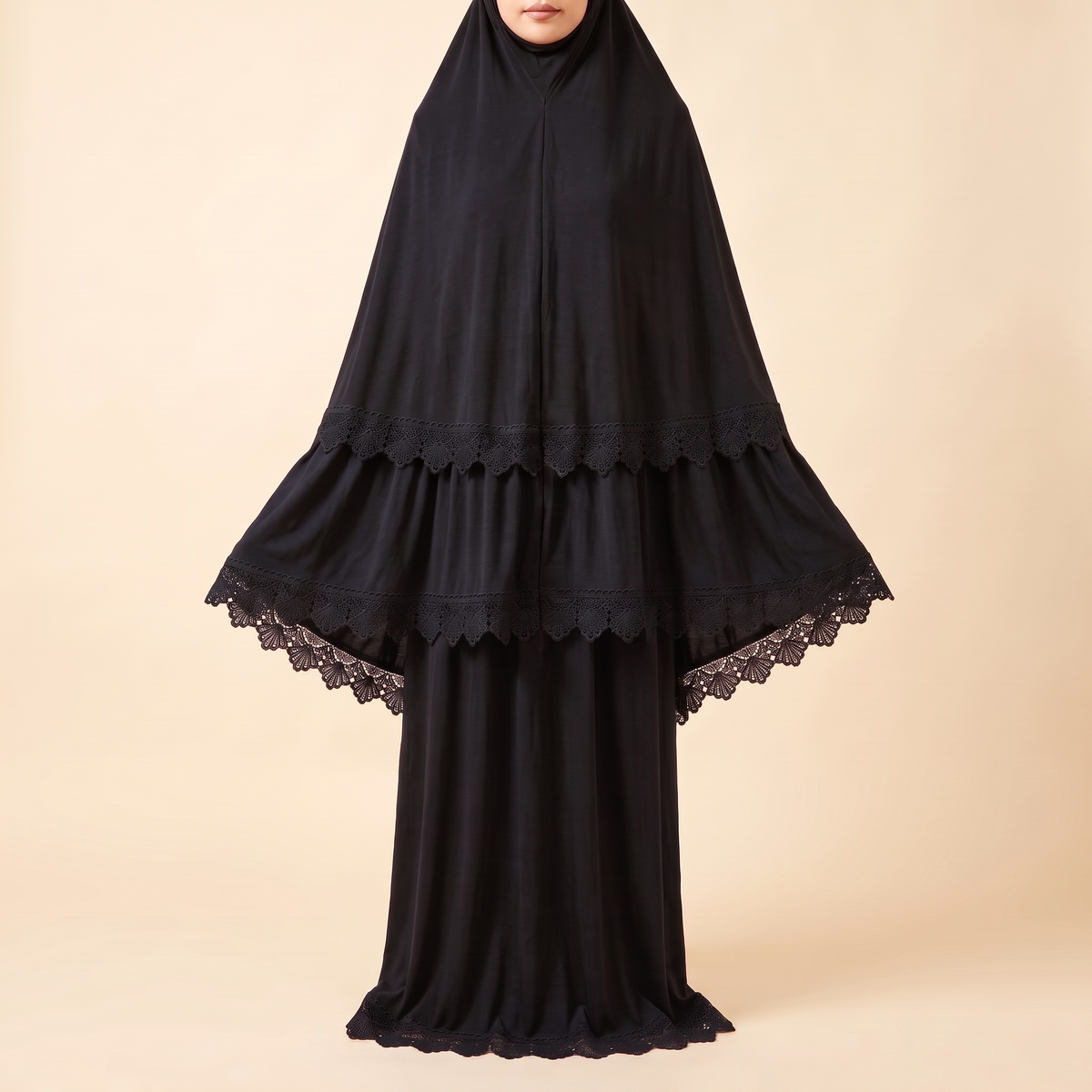 Marwa Lace-Trim Prayer Set With Long Khimar – Black