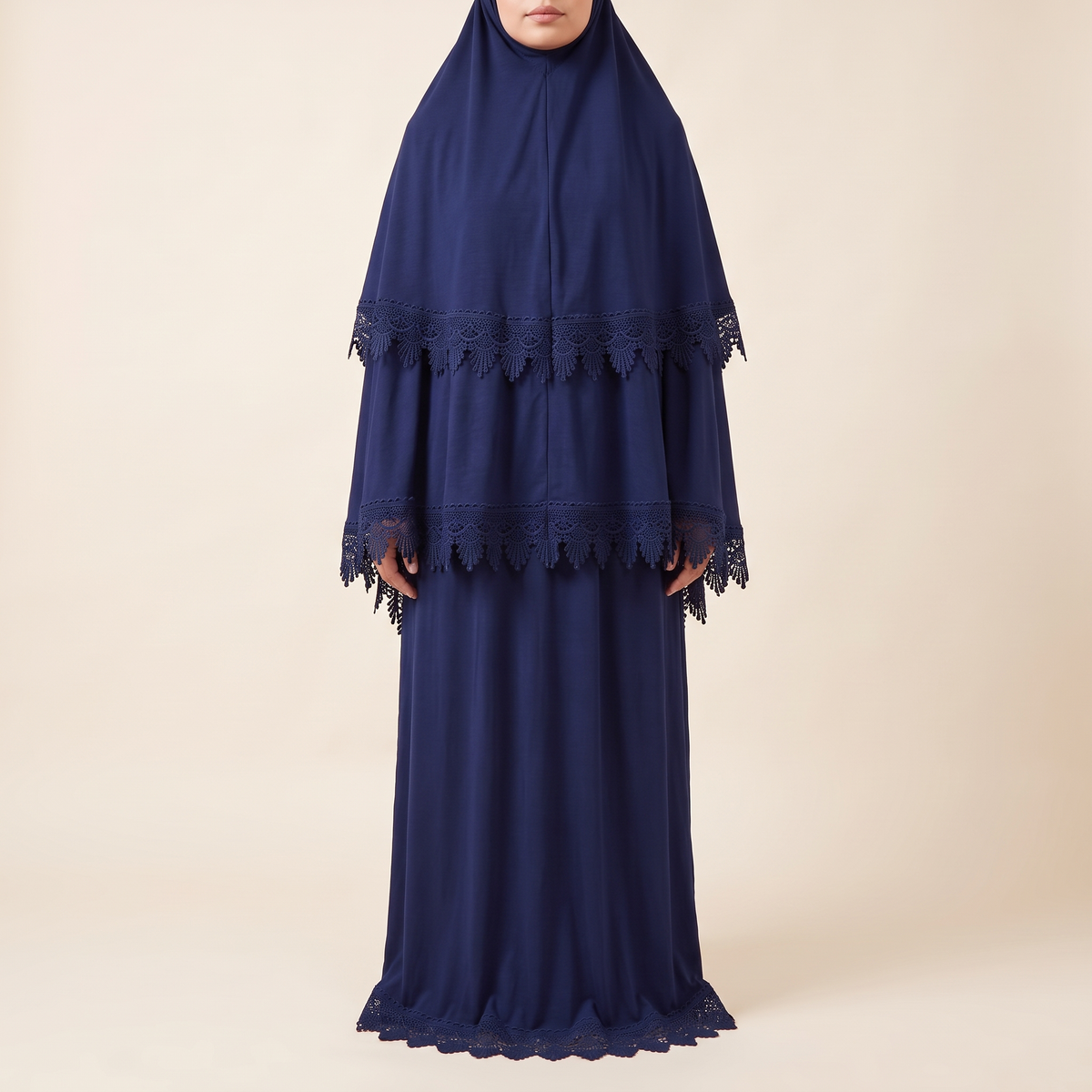 Marwa Lace-Trim Prayer Set With Long Khimar – on model