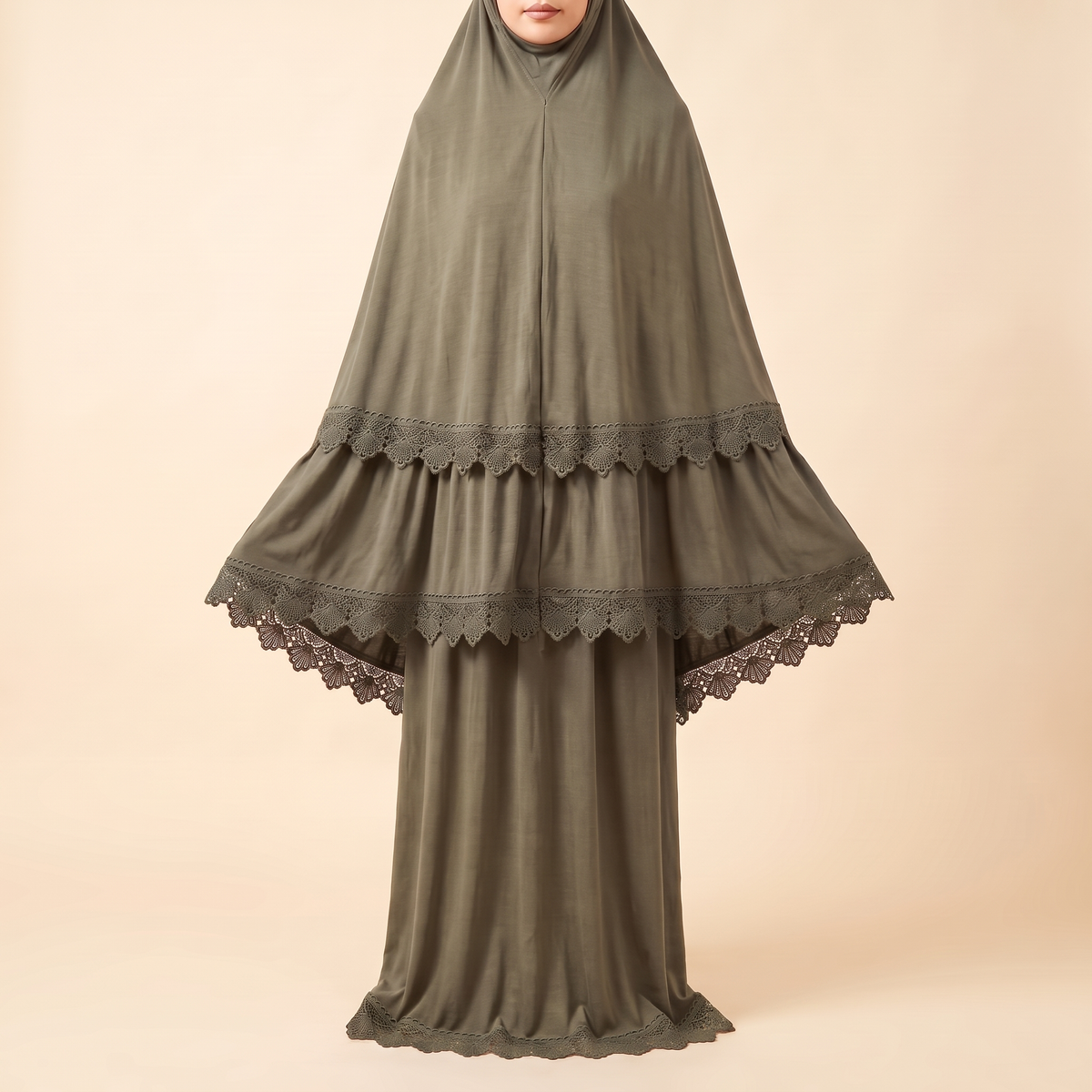 Marwa Lace-Trim Prayer Set With Long Khimar – Khaki