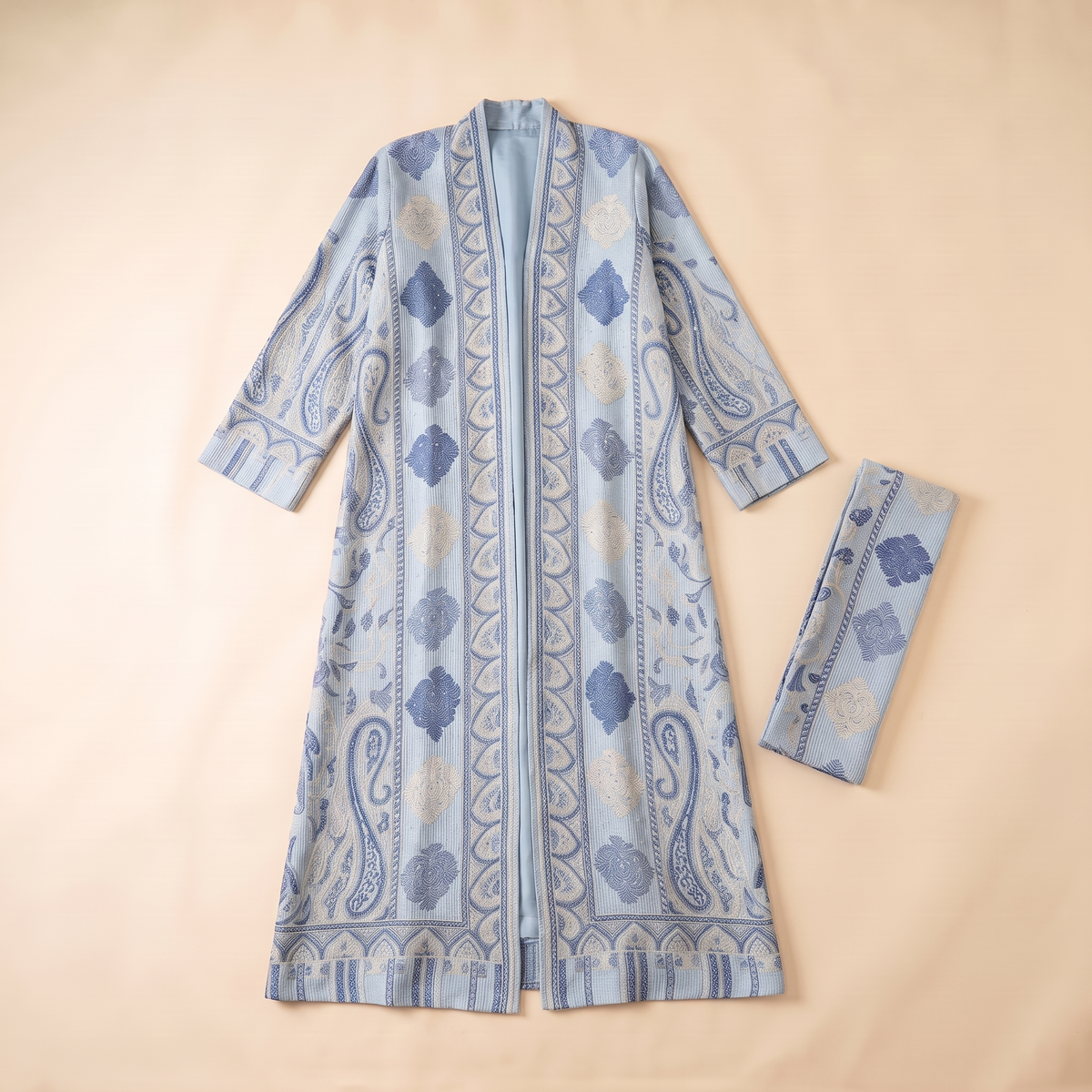 Munira Paisley Jacquard Open Abaya and Stole Set – Sky Blue