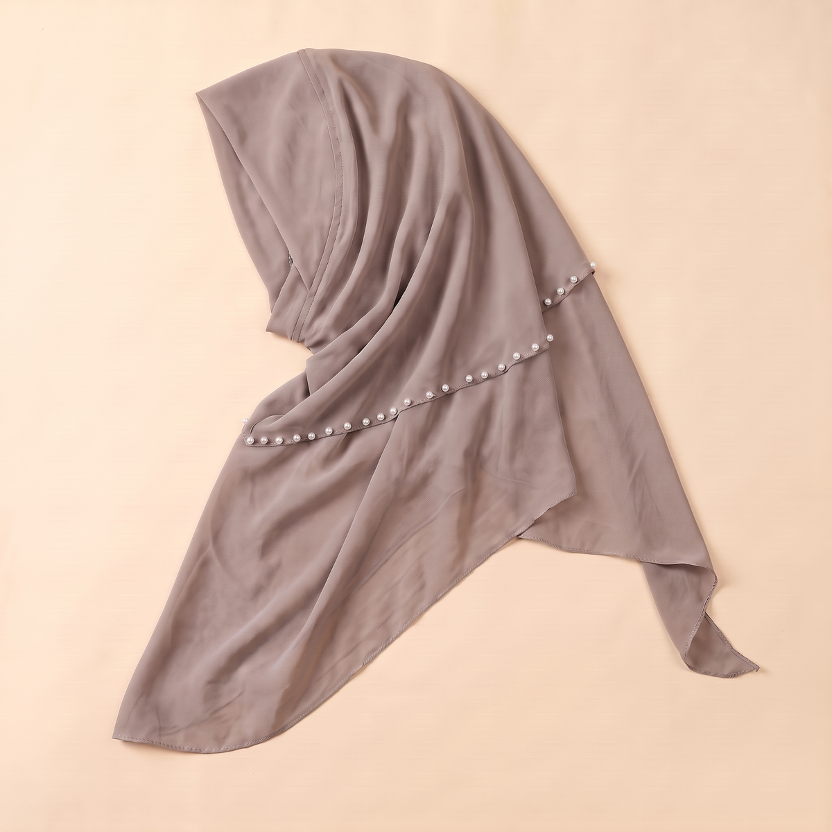 Nawar Pearl-Trimmed Instant Hijab – Taupe