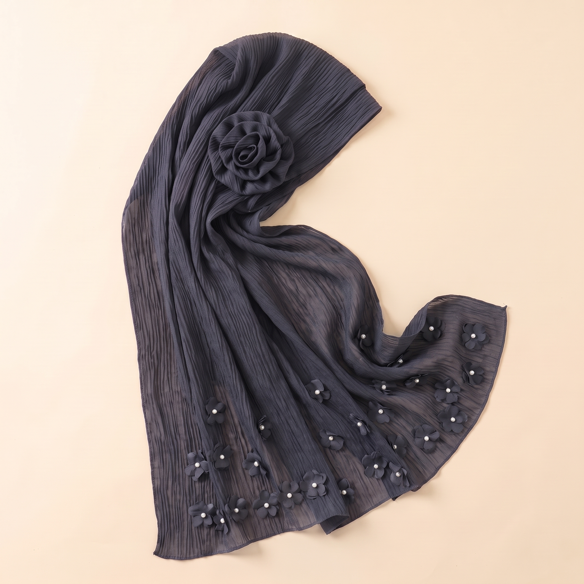 Rital Floral Applique Instant Hijab – Smoke Grey