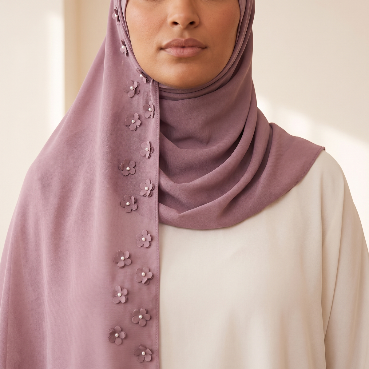 Rital Floral Applique Instant Hijab – on model