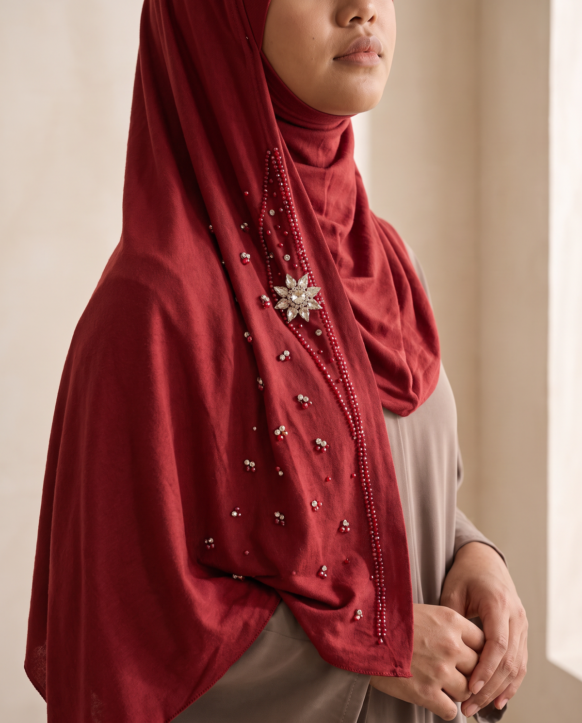 Kamila beaded rhinestone instant hijab worn
