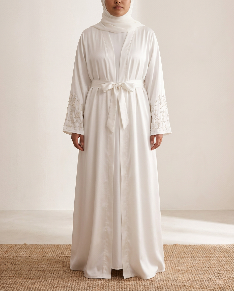 Ceyda Beaded Open Abaya in White, worn