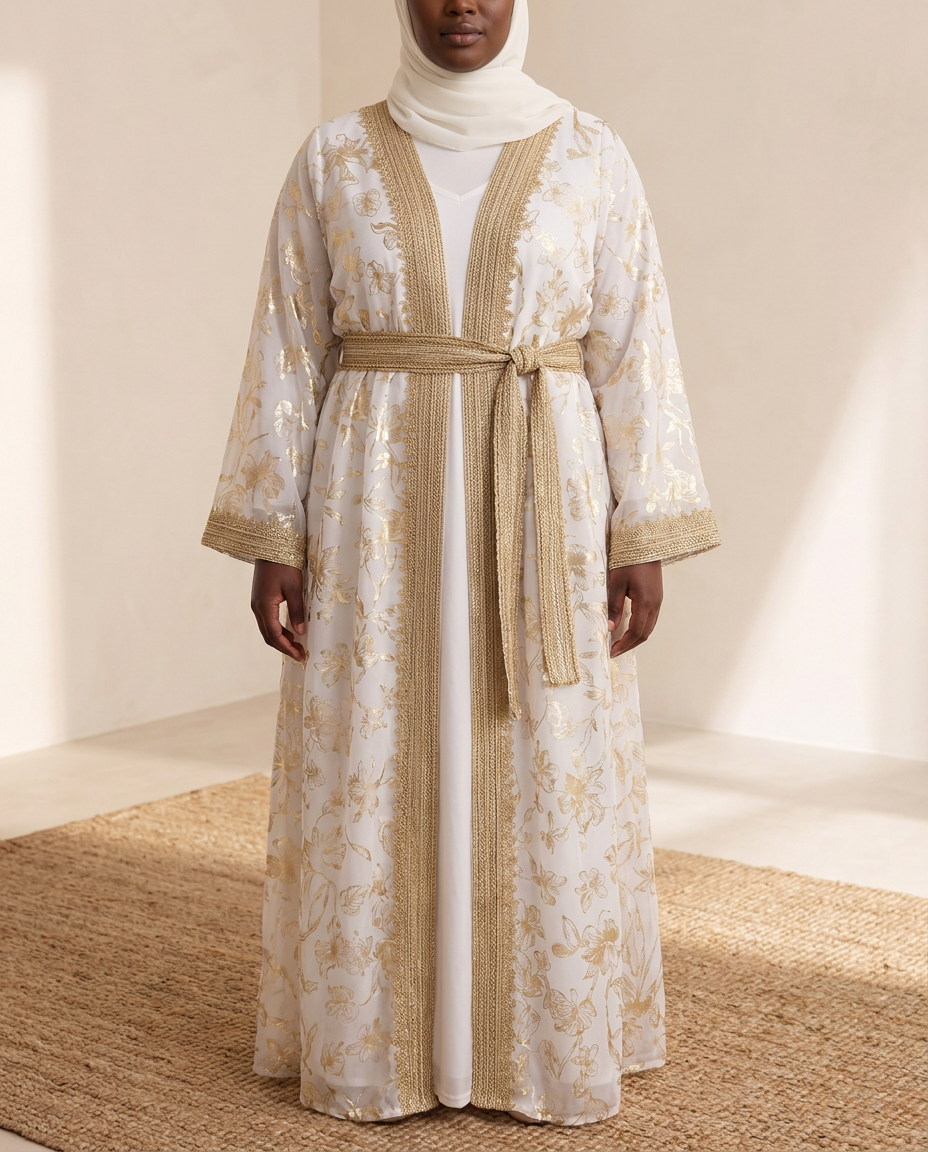 SITRĀ Belted Kaftan for Evening Wear — White (model Zuri)