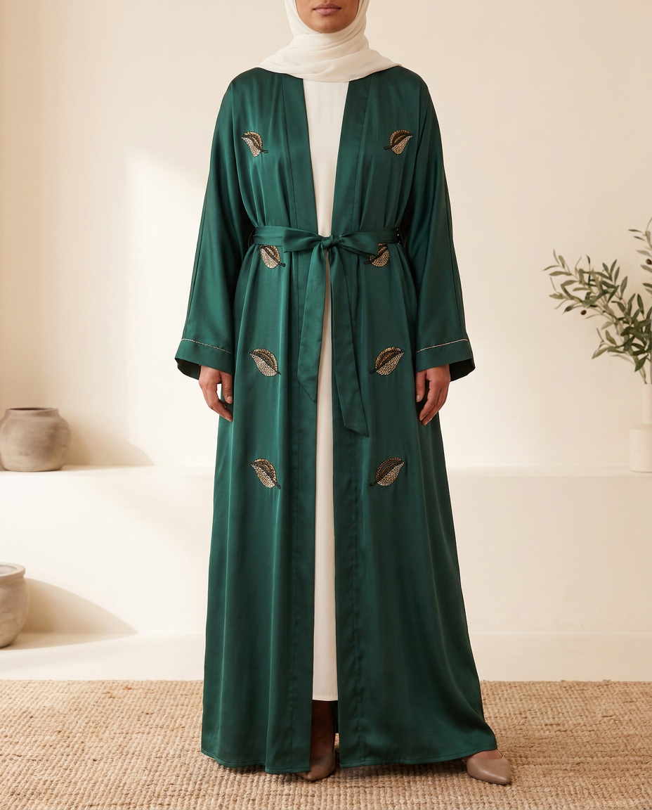 Elif Embroidered Satin Open Abaya in Emerald, worn